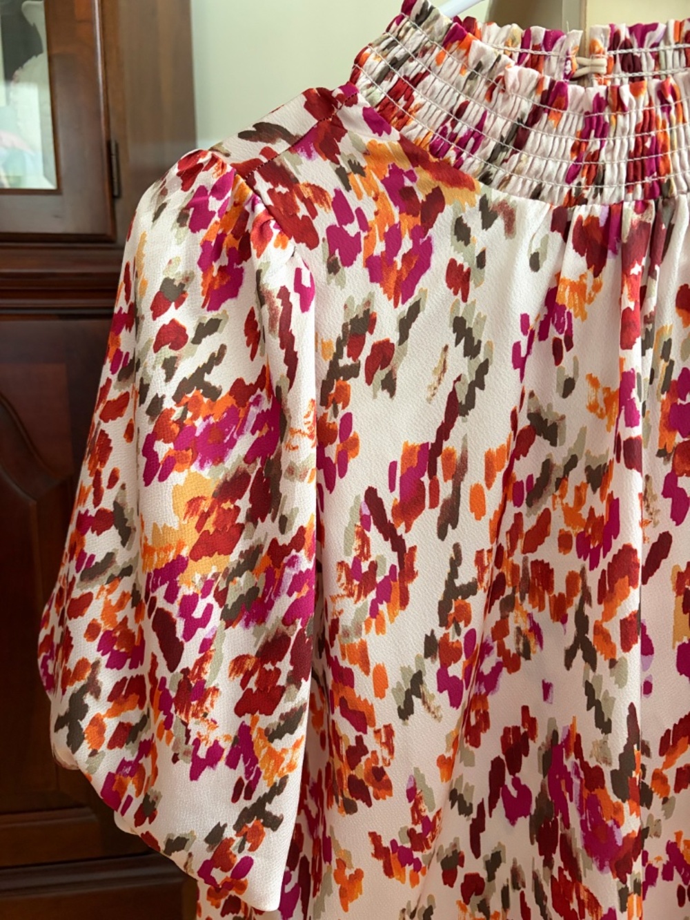 THML Ikat-Print Blouse with Bubble Sleeves & Stand Collar XS